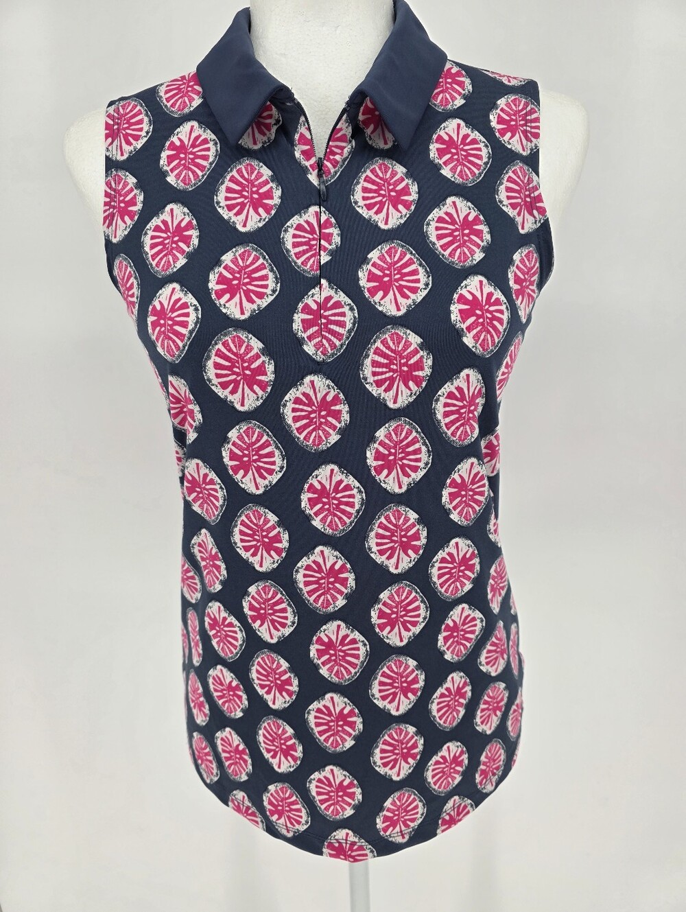 Tommy Bahama Golf Sleeveless Polo Top Pink Monstera Print Small